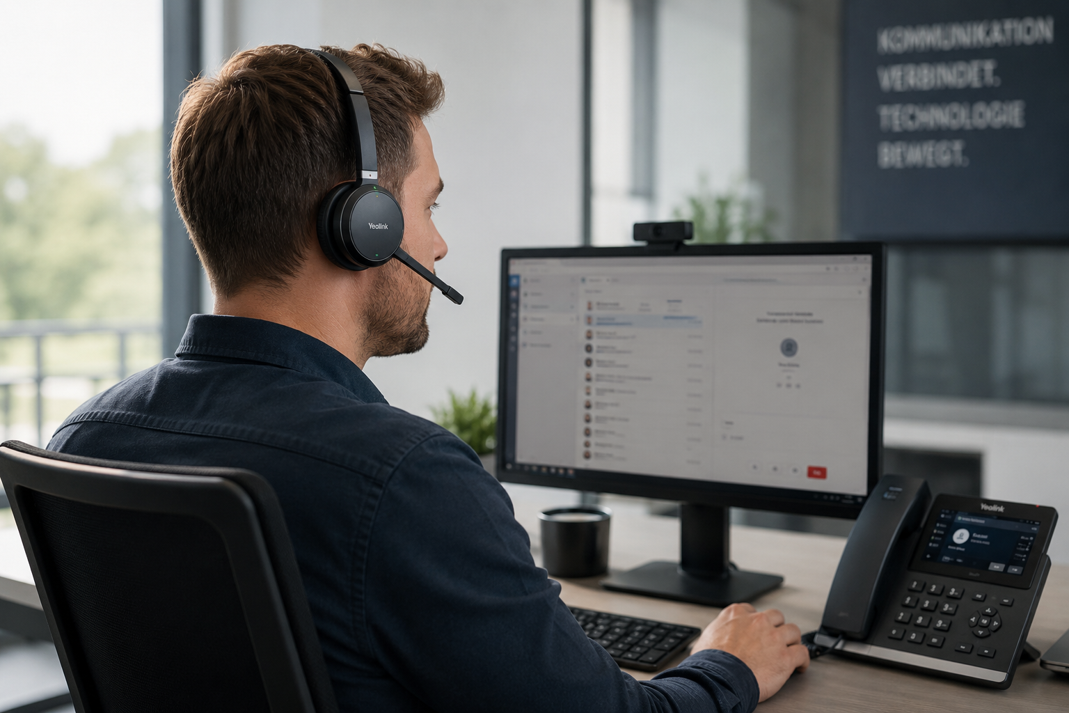VoIP-Arbeitsplatz mit Headset und Tischtelefon